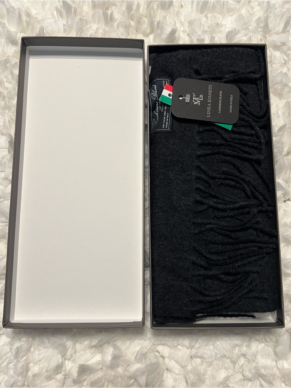 Linea Emmeti Cashmere Wool Blend Black Scarf Men’s 12” X 71” Made in Italy